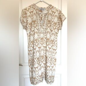 Bella Tu Tan and White Beaded Short Sleeved Ikat Dress